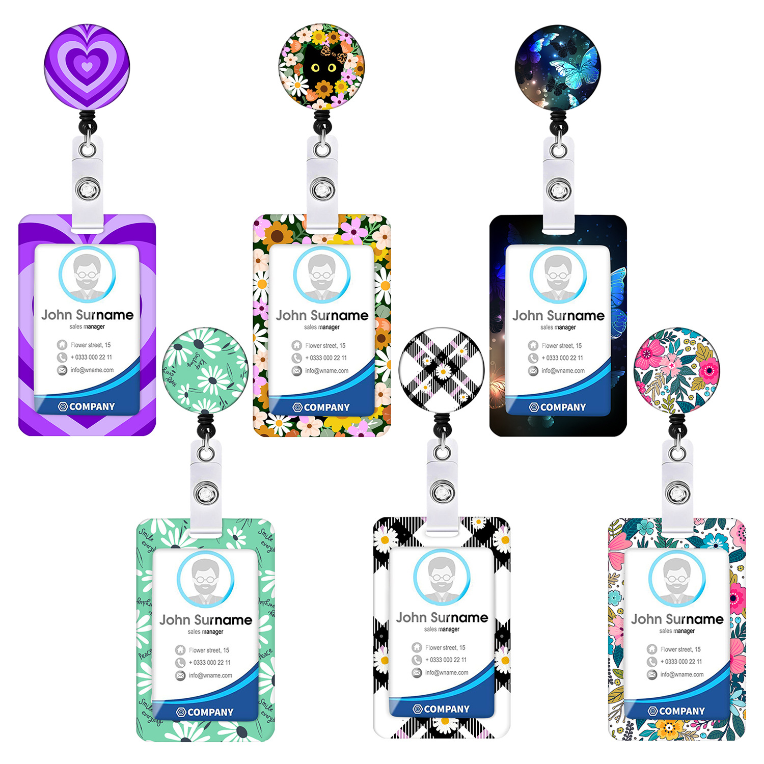 Love Black Cat Butterfly Flower Color Printing Telescopic Easy Pull-up Buckle Mobile Phone ID Buckle Lanyard Card Holder