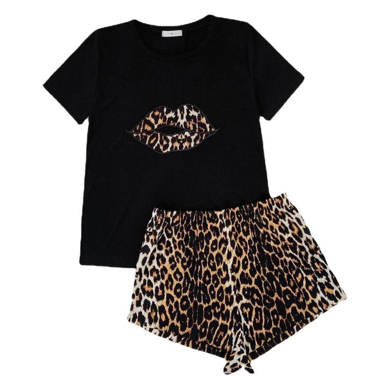 Amazon Cross-Border European and American Pajamas for Women Summer Leopard Print Short-Sleeved Shorts Two-Piece Home Clothes Export Pantamas