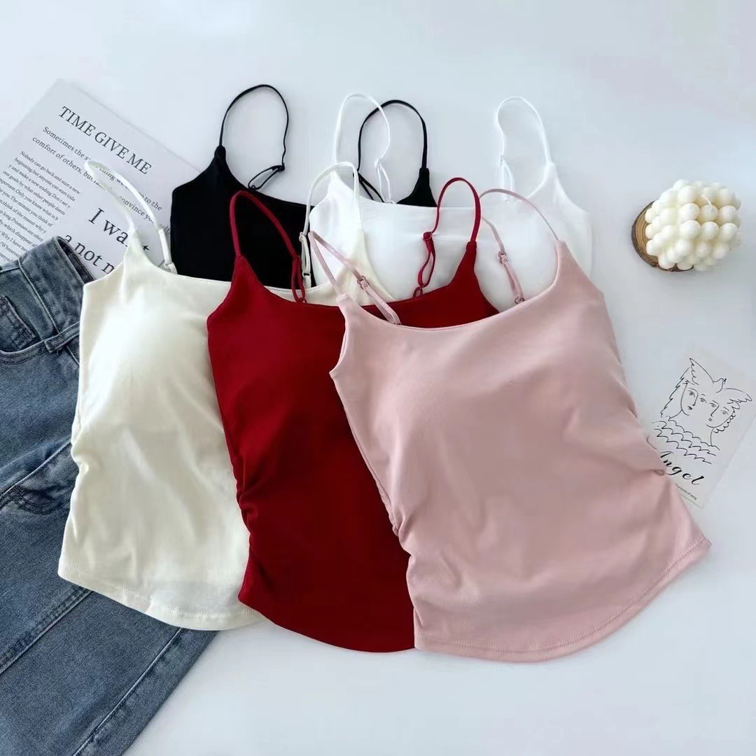 Wholesale Pure Sweet Spice Sling Vest Women's Inner Wear Outer Wear Beautiful Strap Chest Pad Pleated Design Sense Slim
