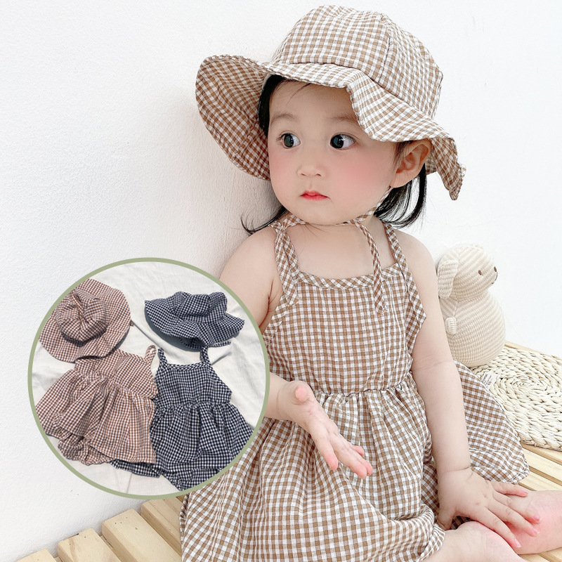 Picture of Summer New Sleeveless Girl's Dress Korean-style Plaid Baby One-piece Clothes Hats for Babies and Children Going Out Sling Dress