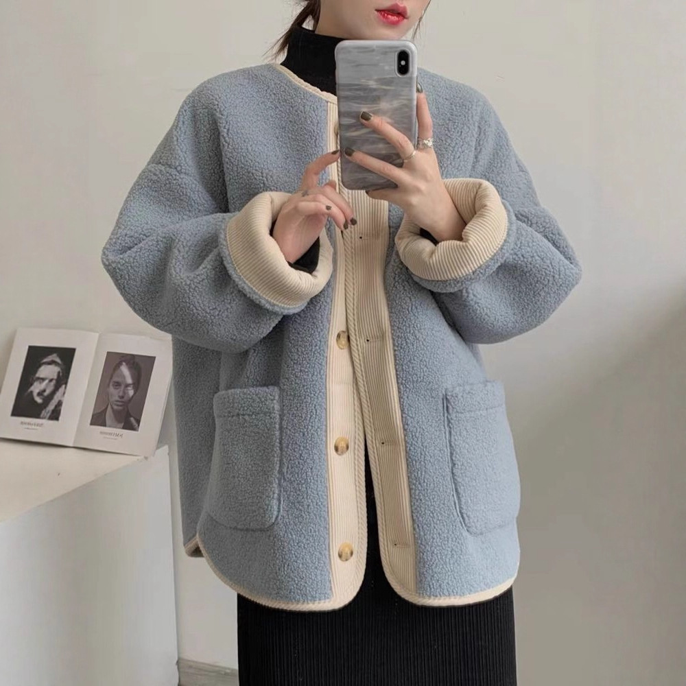 Hong Kong-style vintage shearling jacket for women, new winter loose casual color-blocking thickened composite suede top trendy