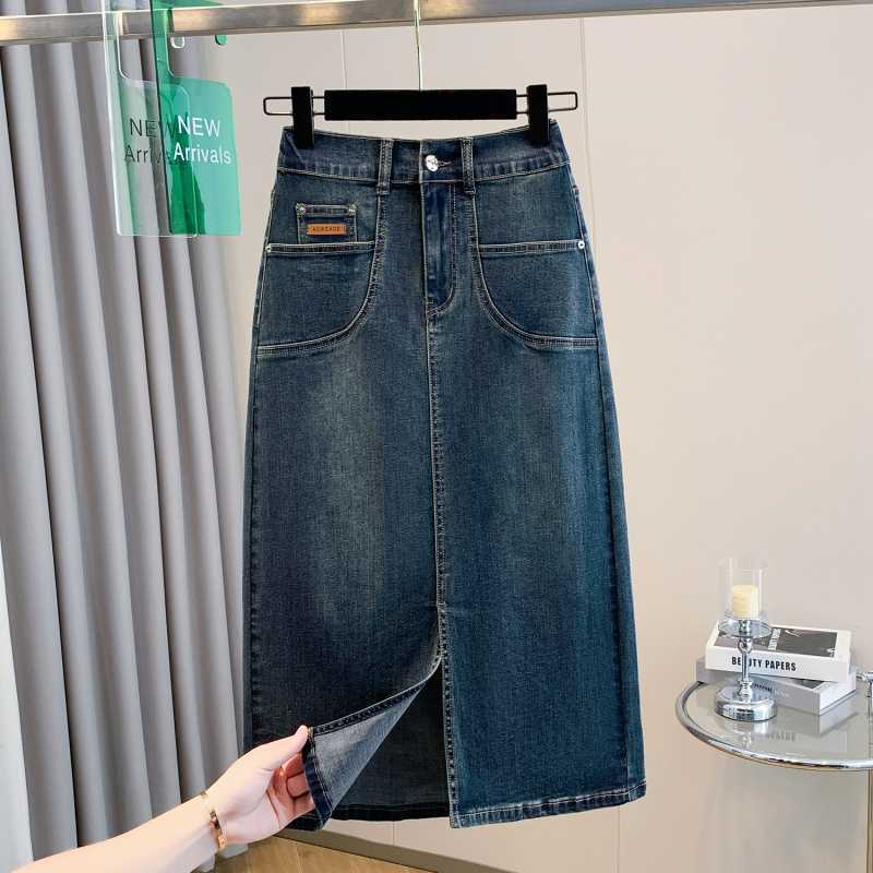 Real shot 2025 spring new plus size elastic waist A Denim skirt fat MM200 kg stretch long skirt