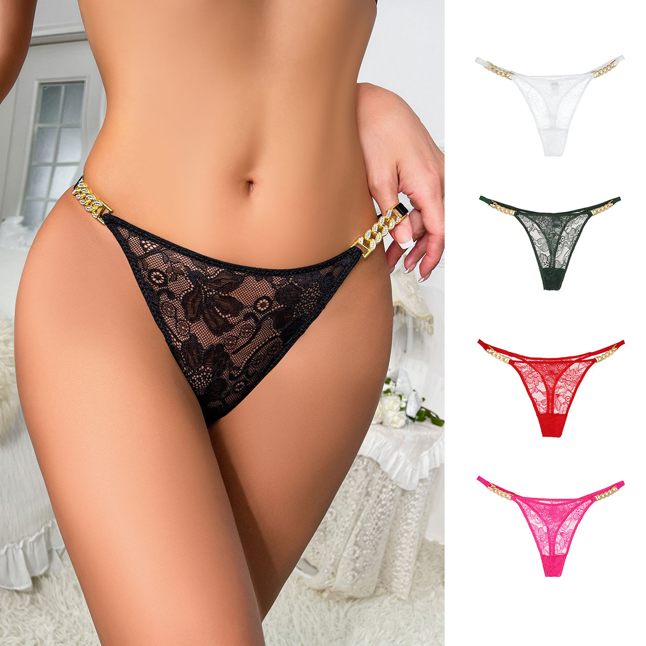 Amazon Foreign Trade Cross-border New European and American Sexy Lace T-pants Women's Temptation Sexy Metal Diamond Women's Briefs