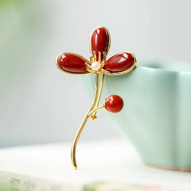 Flowers like brocade southern red agate inlaid with Clover simple and elegant temperament women's gilt dance brooch necklace