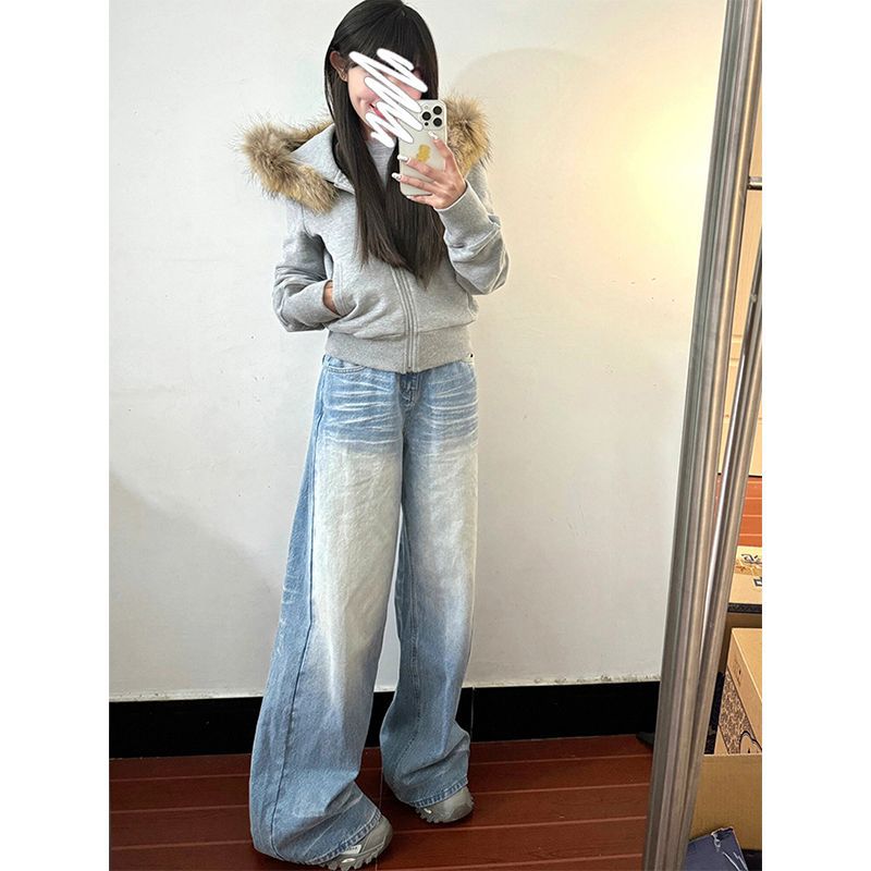 Water Wash Blue American Style Wide Leg Jeans Women's 2024 Early Spring Autumn New High Waist Loose Straight Trendy Trendy Trousers