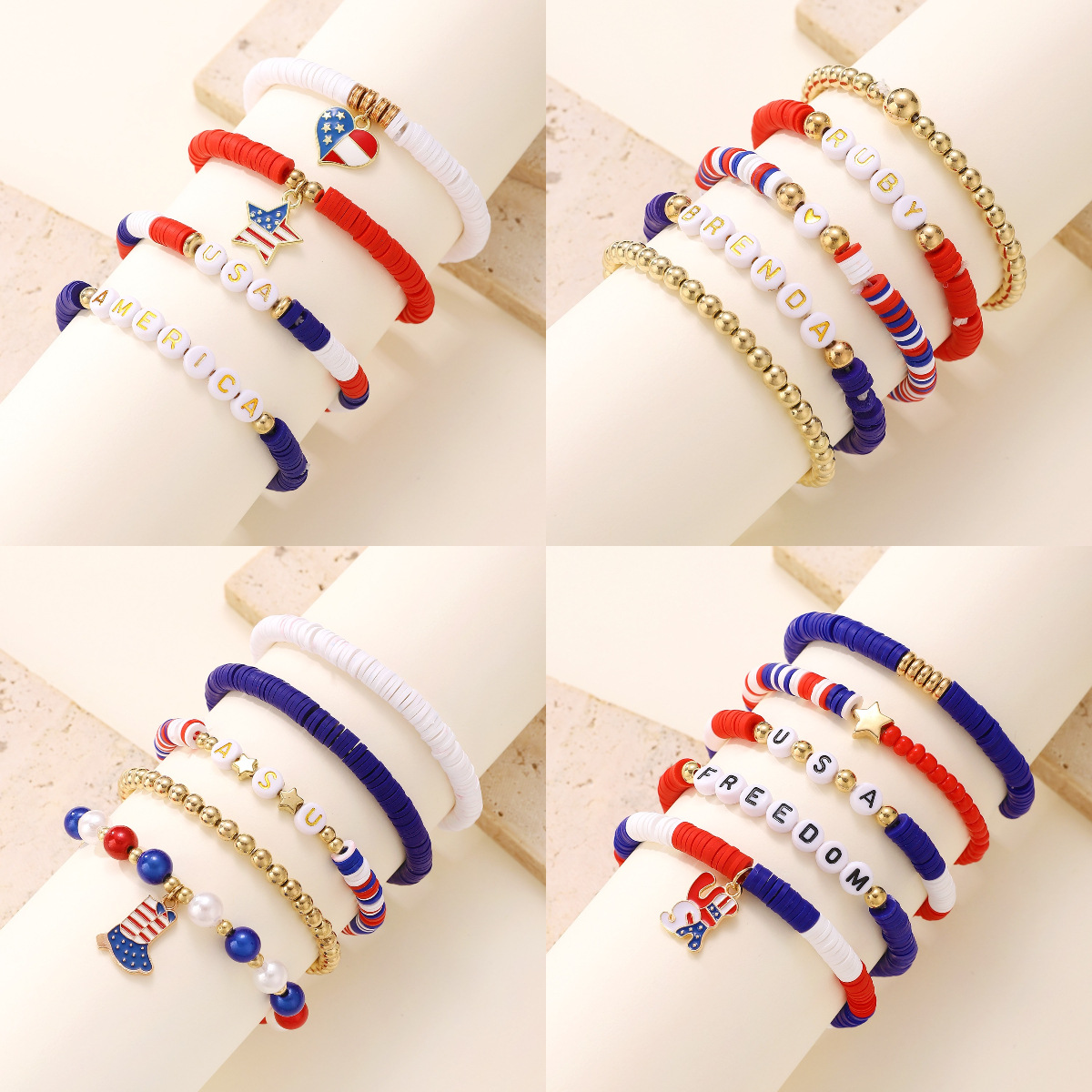 Picture of American Independence Day Bracelet suit Soft Pottery Beaded Letter Bow Love Personalized Fashion Multi-layer Bracelet for Women