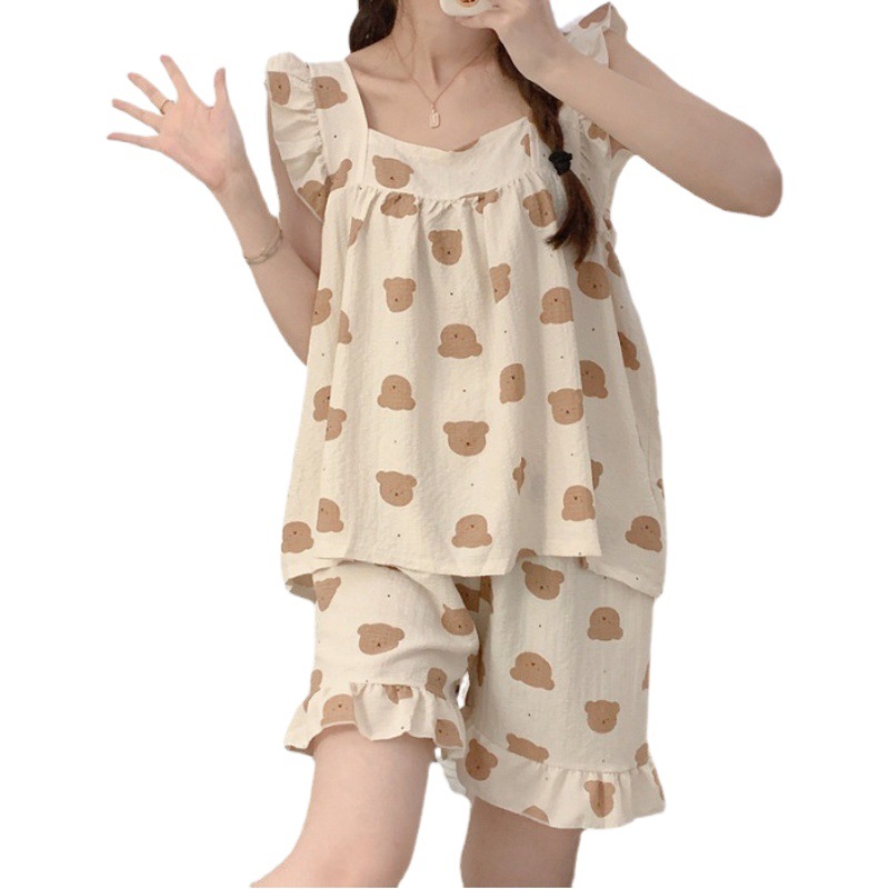 Sling pajamas women's summer short-sleeved sweet home wear suit ruffled sweet cartoon cute Korean style online red style