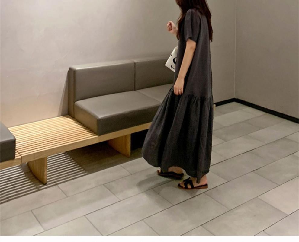 Picture of Japanese summer new style loose slimming short sleeve cotton linen dress women's casual retro to ankle Mori women's long skirt