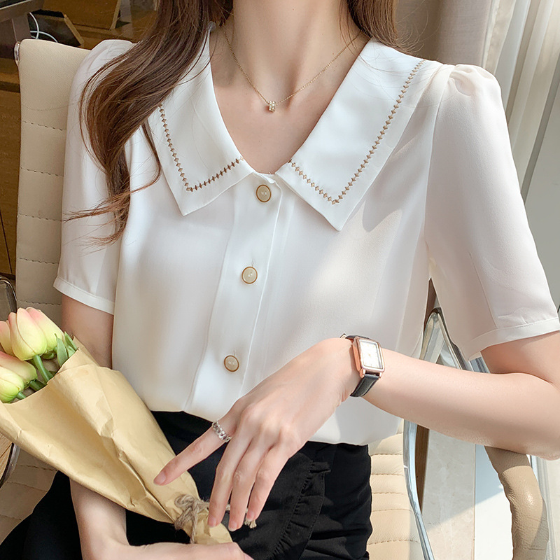 Baby Doll Collar Chiffon Shirt Women's Summer Wear 2025 New Chic Top Design Niche Women's Shirt Trend