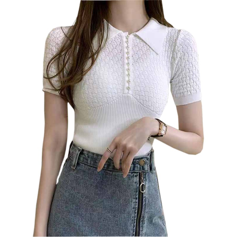 High-grade Elegant Style Milk White Polo Collar Knitted Short-sleeved Top Women's 2024 Spring and Summer New Women's Ice Silk T-shirt