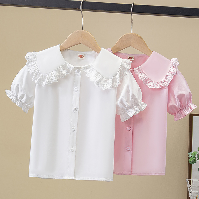Picture of Girls Short-Sleeved Shirt Summer New Style Medium and Large Children's Summer Pure Cotton Shirt Doll Shirt White Top Cross-Border