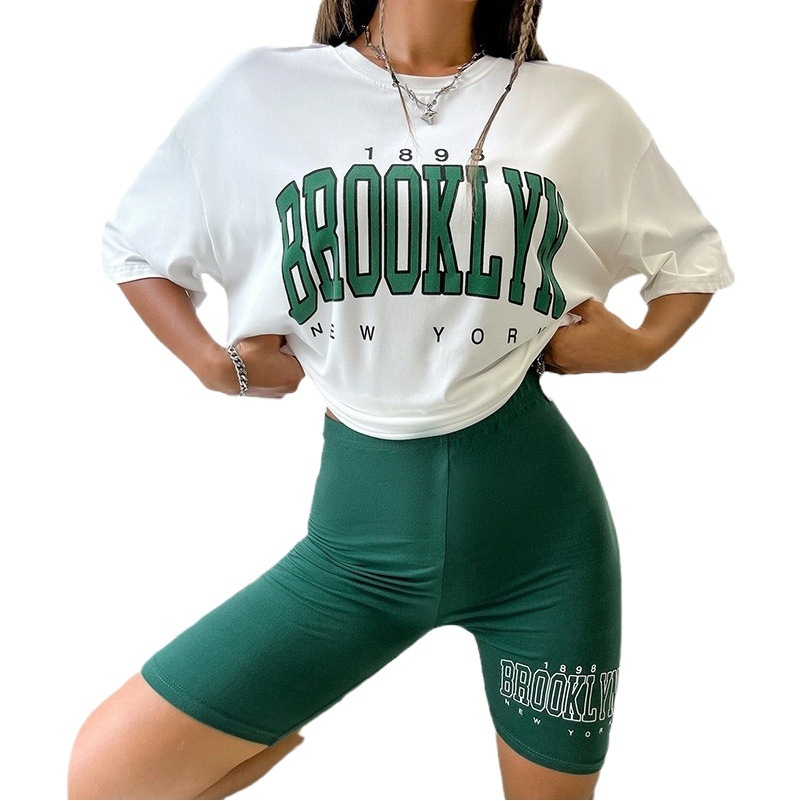 European and American wearable pullover casual suit women's pajamas loose T-shirt tight shorts slim fit suit homewear