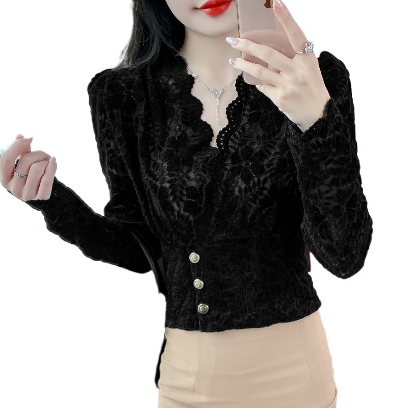 Picture of 2023 Autumn and Winter New Collar Wavy Edge Shirt Lace Shirt Women's Western Style Slim Fit Slimming fleece-lined Thickened Base Shirt