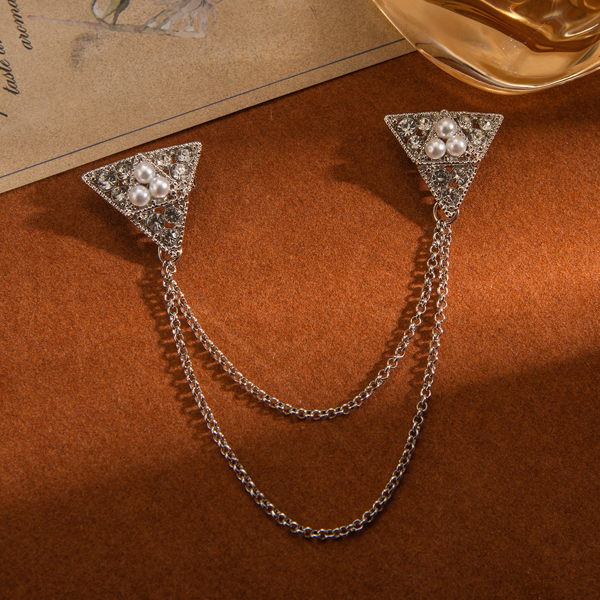 Picture of Diamond-encrusted triangle pearl brooch men's suit corsage badge tassel multi-layer chain collar pin badge pin clothing