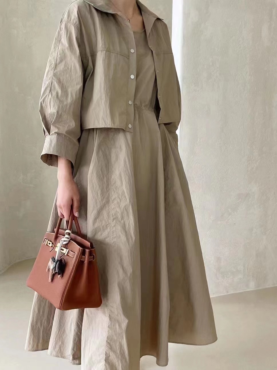 Cross-Border Japanese-Style In-Stock 2025 Lapel Long-Sleeve Top + Sleeveless Dress Two-Piece Set