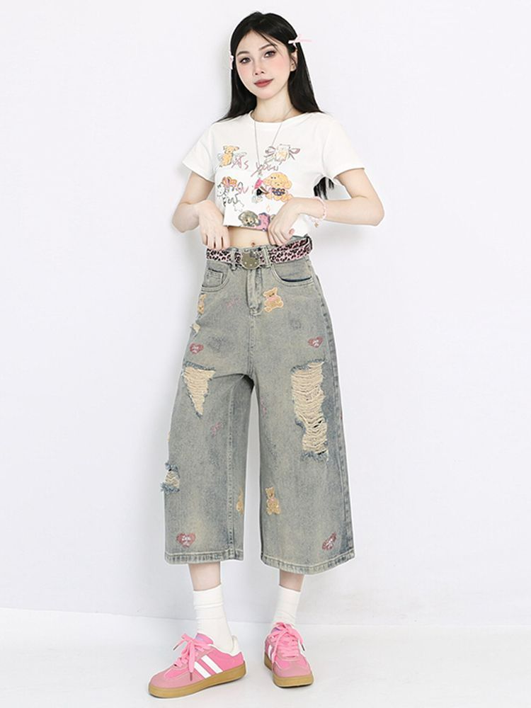 Denim cropped pants, women's plus size summer new embroidery design, holes, high waist, loose and slim, wide-leg mid-pants