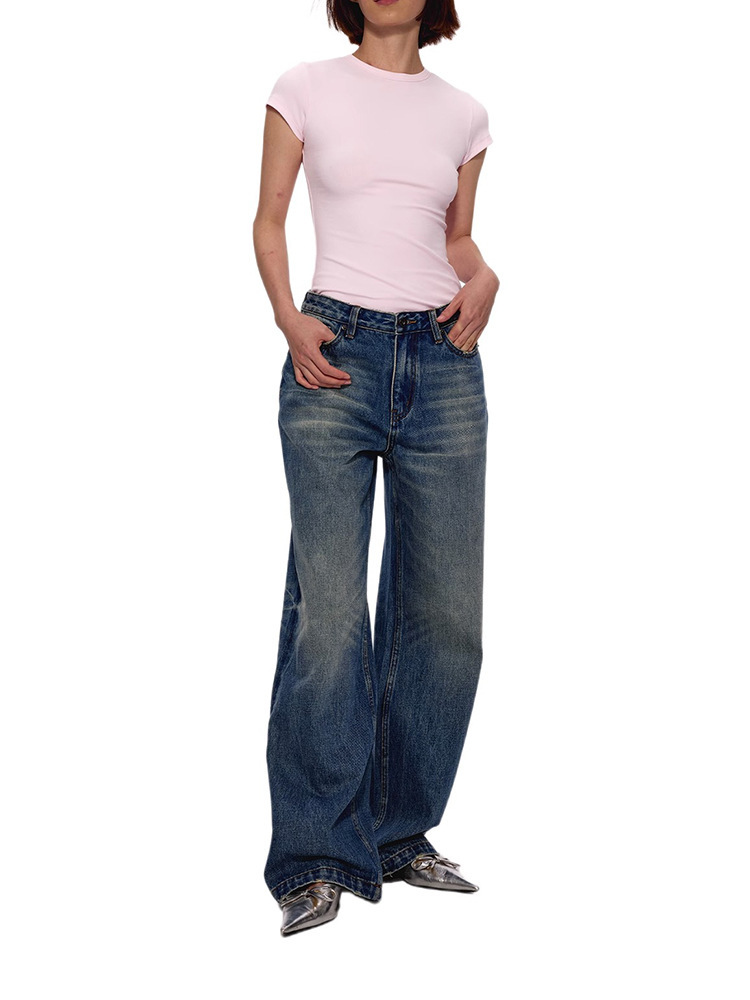 Picture of Spot Basic Elastic Modal Right Shoulder Women's Slim Sports Top American Sexy Hourglass Waist Short-Sleeved T-Shirt
