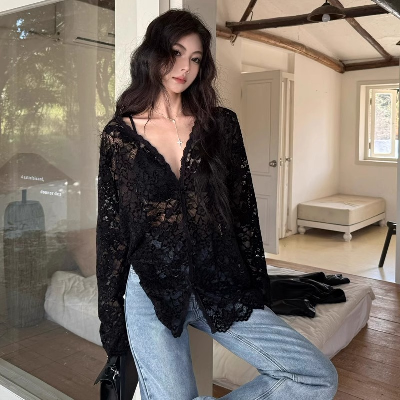 Official Picture, Real Price, Sun Protection Shirt, Long-Sleeved Lace Shirt, Women's Summer Pure Desire, Loose Elegant, Cut Out Slightly See-Through Top, Air-Conditioned Shirt