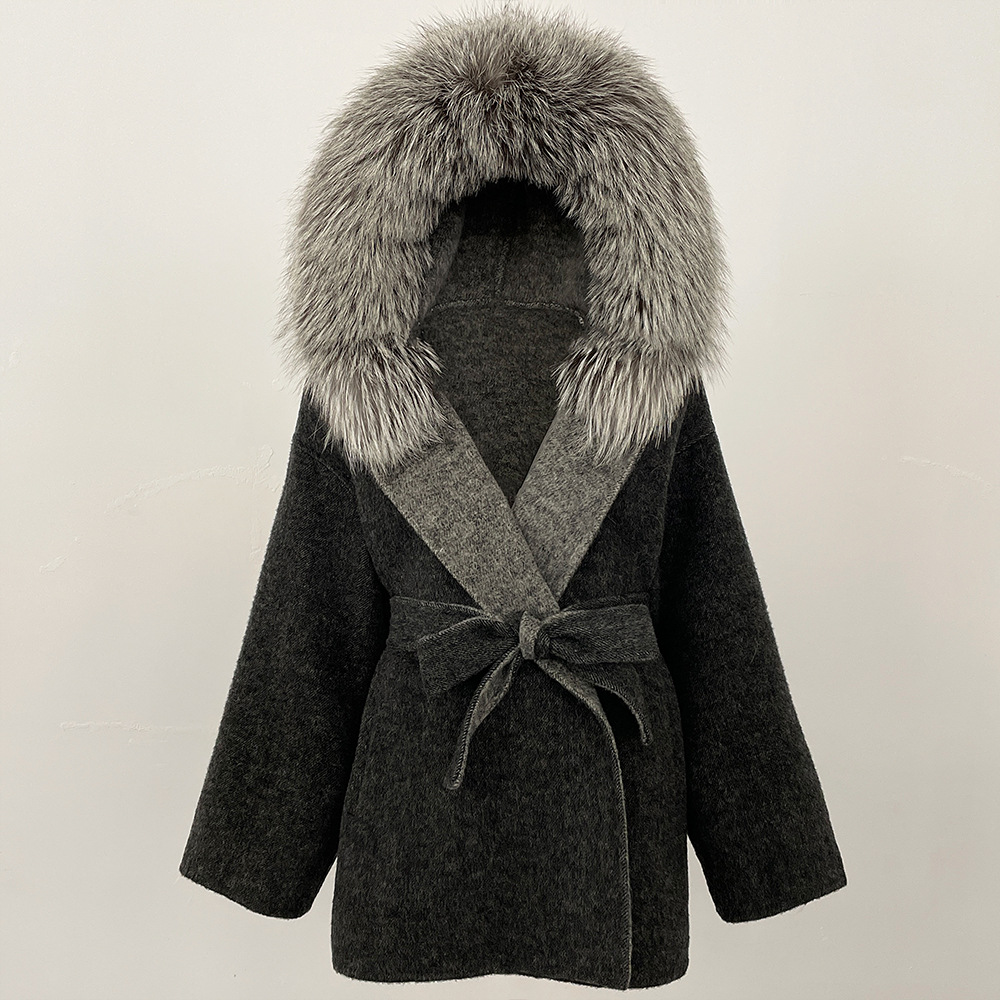 Picture of New Hooded Color-Blocked Fox Fur Collar Autumn and Winter Double-Sided Wool Outwear Women's Cloak Waist Thickeneded Woolen Outwear
