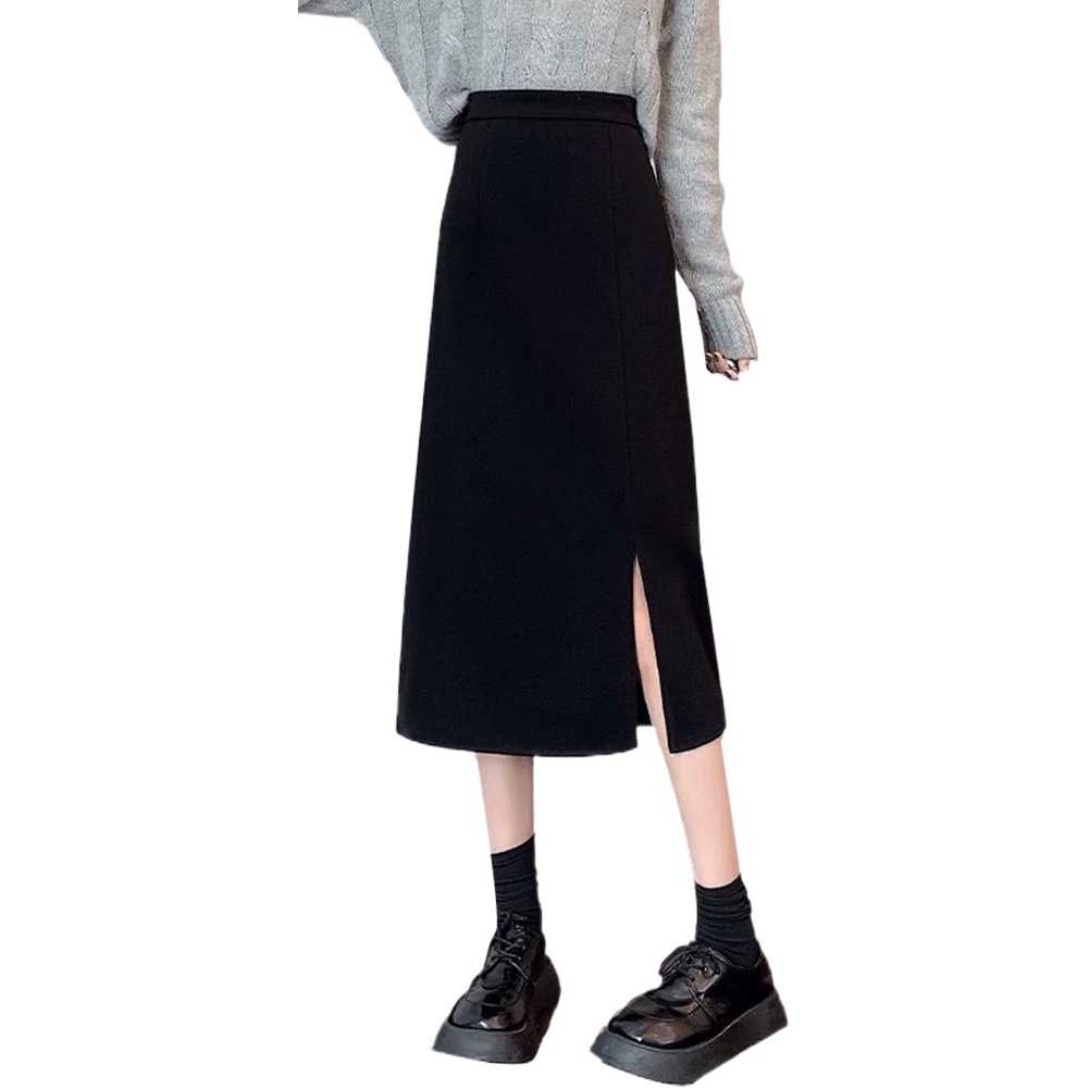 Retro split black skirt for women autumn and winter 2023 new high waist design a-line skirt Autumn Mid-length skirt
