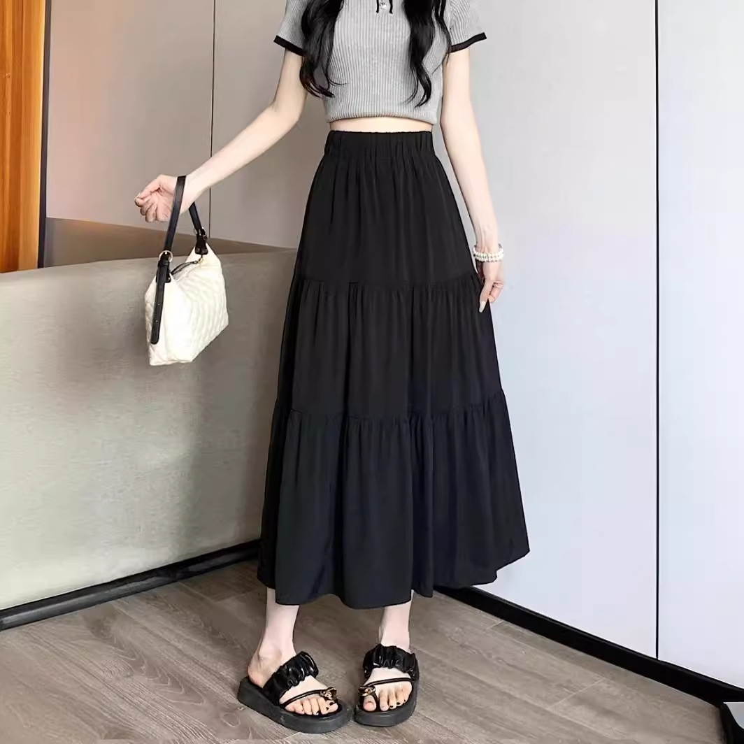 Black Umbrella Skirt Skirt Women's Small Summer 2024 New Draped Midi Skirt High Waist White A- line Skirt