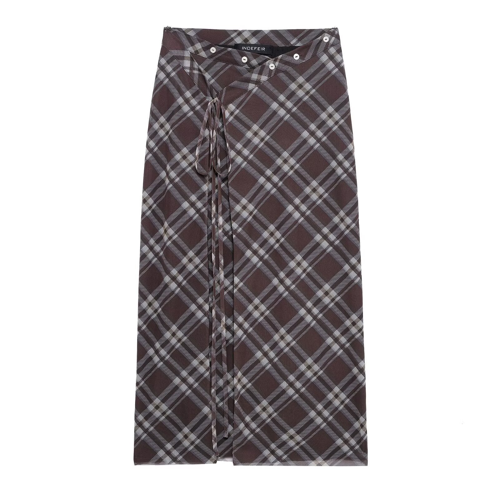 2025 spring new European and American cross-border women's skirt fashion plaid silk mesh gauze cage lace-up long skirt