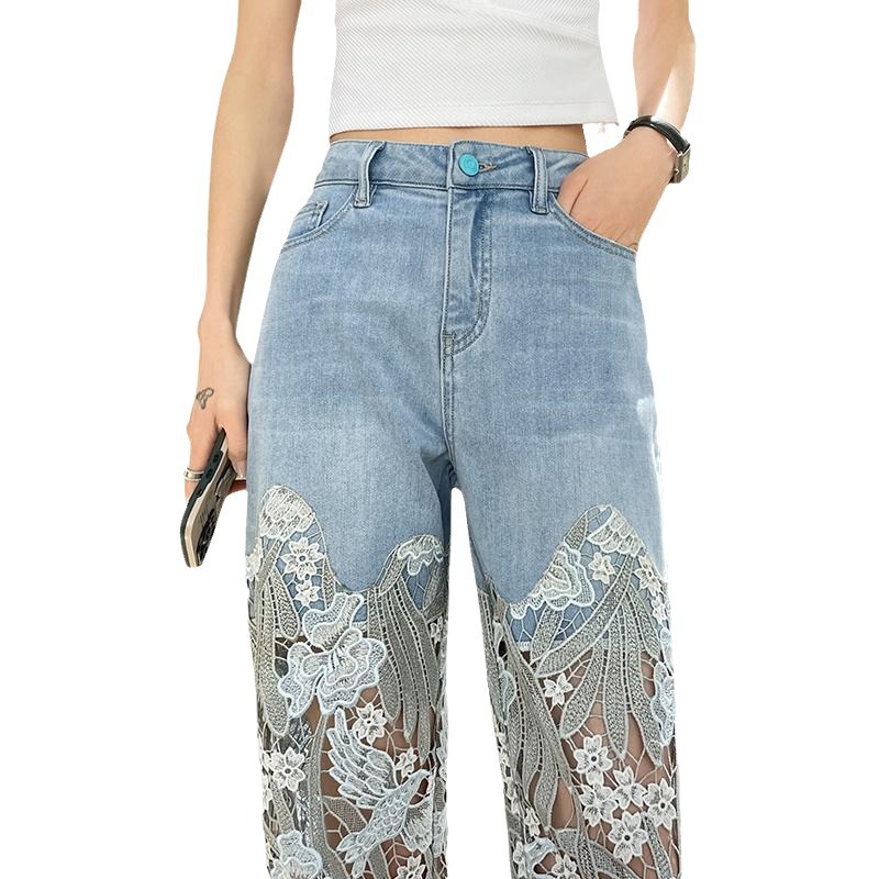Picture of Designed Lace Splicing Niche Jeans for Women 2025 Summer New Straight Slim Retro Style Casual Pants