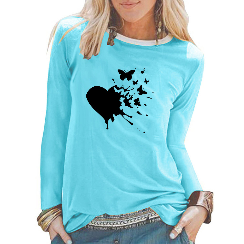 2020 summer new European and American love butterfly T-shirt Amazon printed fashion loose long sleeve women's T-shirt