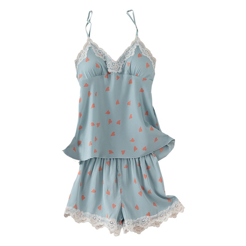 Summer Pajamas for Women 2025 New Printed Ice Silk Suspender Shorts Two-Piece Set Pure Lust Style Small Fresh Home Clothes