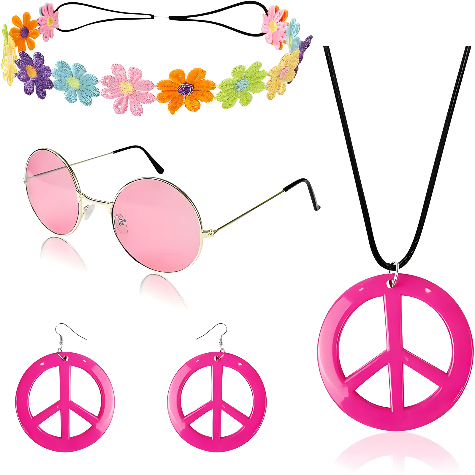 Halloween Hippie Peace suit Party Peace Necklace Earrings Glasses Wreath 4 Piece Ball Props