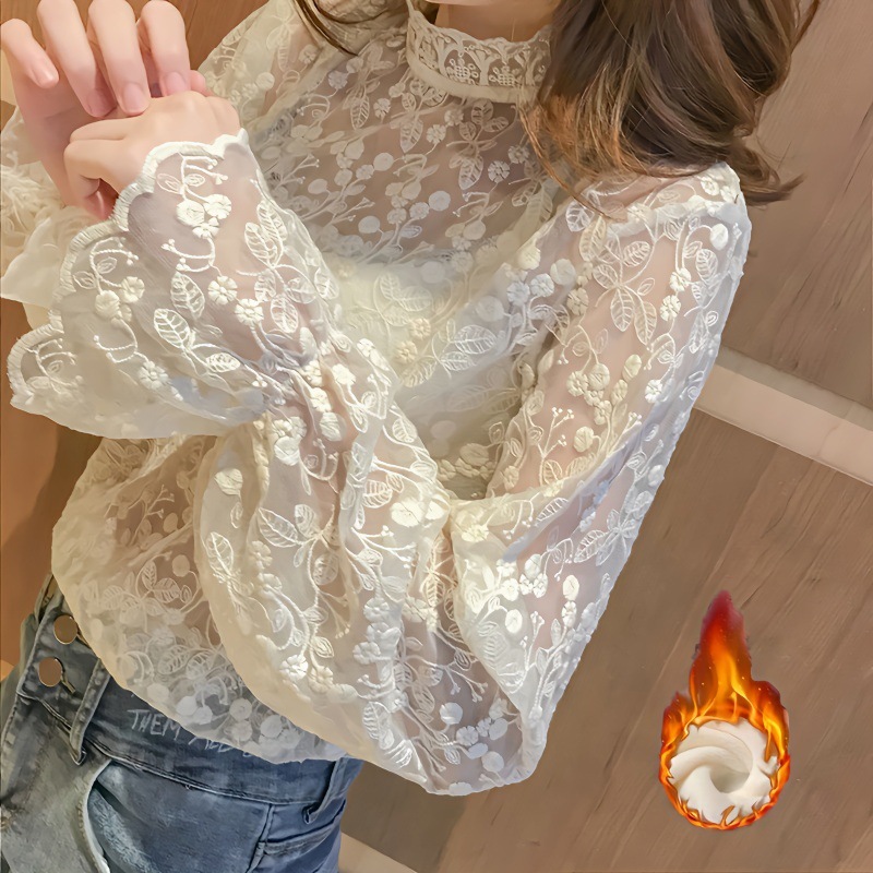 Velvet/Non-Velvet Lace Shirt for Women in Autumn and Winter New Mesh with Lace Collar Super Fairy Bottoming Top