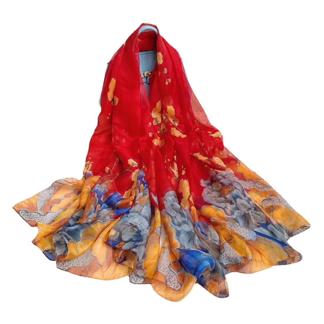 Spring and Summer New Yourou Silk Scarf Large Size Printed Beach Scarf All the Way You Travel Vacation Sunscreen Scarf Women