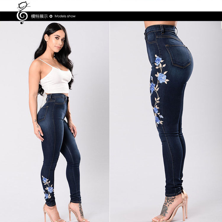 Picture of Ebay Amazon Hot Internet Red Jeans European and American Embroidered Stretch Pencil Pants Export Low Waist Pants for Women