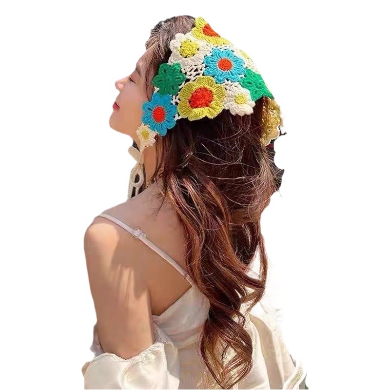 South Korea Ins Small Mushroom Strawberry Handmade Crochet Hollow Triangle Scarf Sweet Cute Tie Hair Bag Headscarf Hat