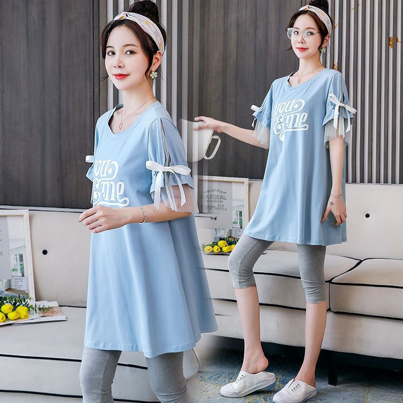 New Pregnant Women's Summer Half-sleeved T-shirt suit Korean Pregnant Women's Spring Mid-length Top dress Two-piece Set