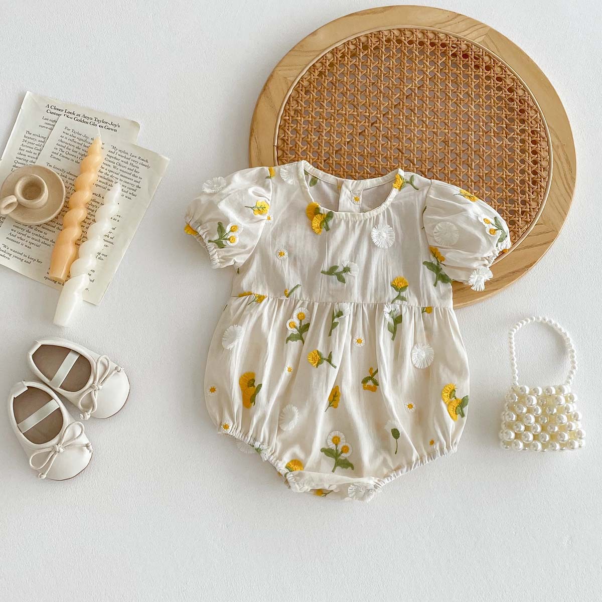 Baby Girl's New Embroidered Sunflower Thin Romper, Cute Summer Puff Sleeve Full Moon Jumpsuit