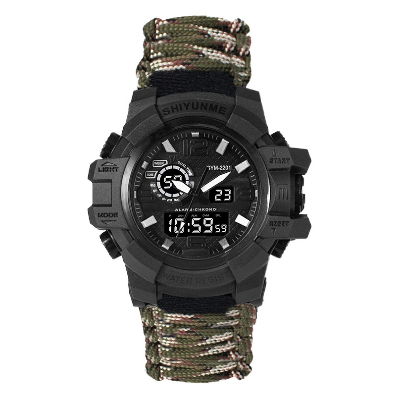 Cross-border dedicated life rope double display electronic watch outdoor emergency Flint whistle compass men's watch umbrella rope