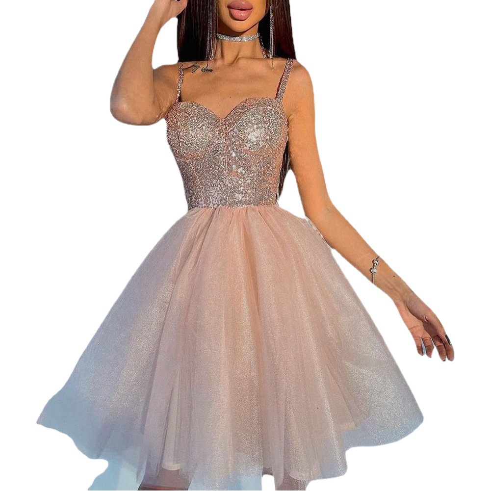 Fairy Evening Dress 2025 Winter New Heavy Industry Sequin Pink Banquet Host Fashion Toast Dress