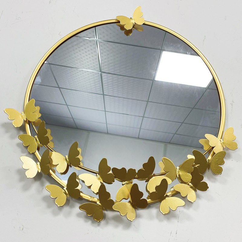 Picture of Foreign Trade Iron Mirror Wall Hanging Classical Butterfly Round Mirror Bedroom Personality Makeup Mirror Wall Background Wall Decorative Mirror