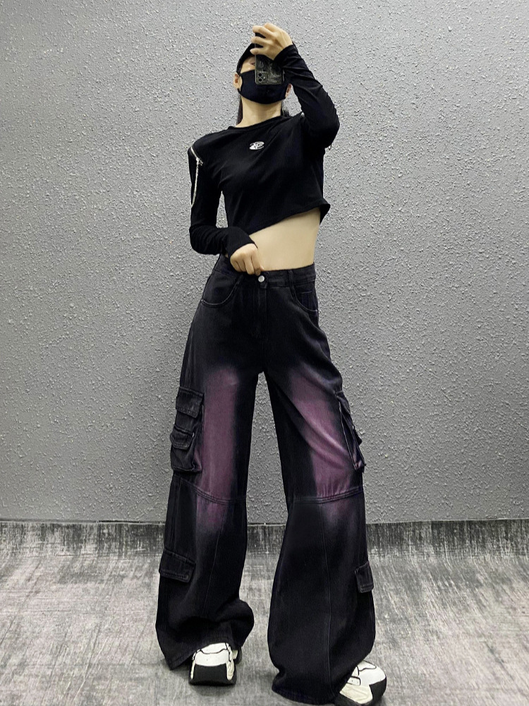 Side Flap Pocket Pants Denim Overalls for Women 2024 Autumn New High-Waisted Loose Slimming Look Versatile Straight Wide-Leg Trousers