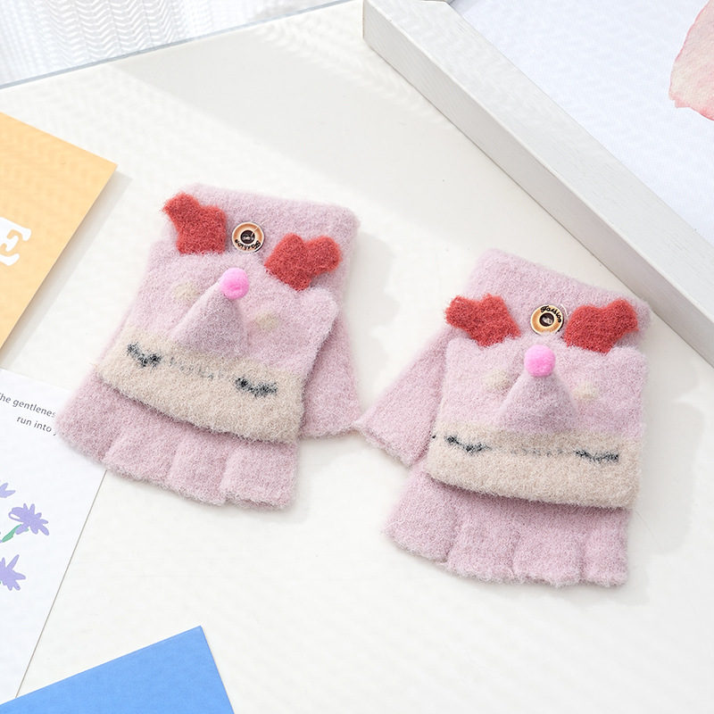 Picture of Children's flip gloves autumn and winter boys half finger warm cute Primary School students writing knitted dual-purpose gloves wholesale