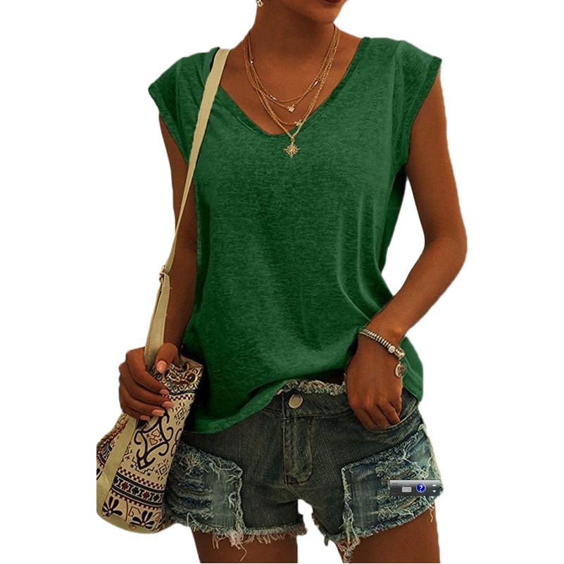 in stock Amazon 2021 Summer European and American Solid Color Cap Sleeve V-Neck Casual Loose Vest Short Sleeve T-Shirt Women