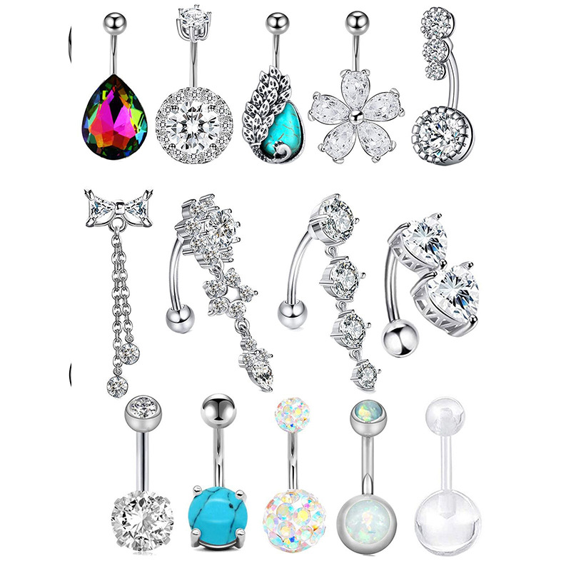 Amazon wish exquisite turquoise navel nail 14 pieces suit combination zircon navel ring piercing jewelry