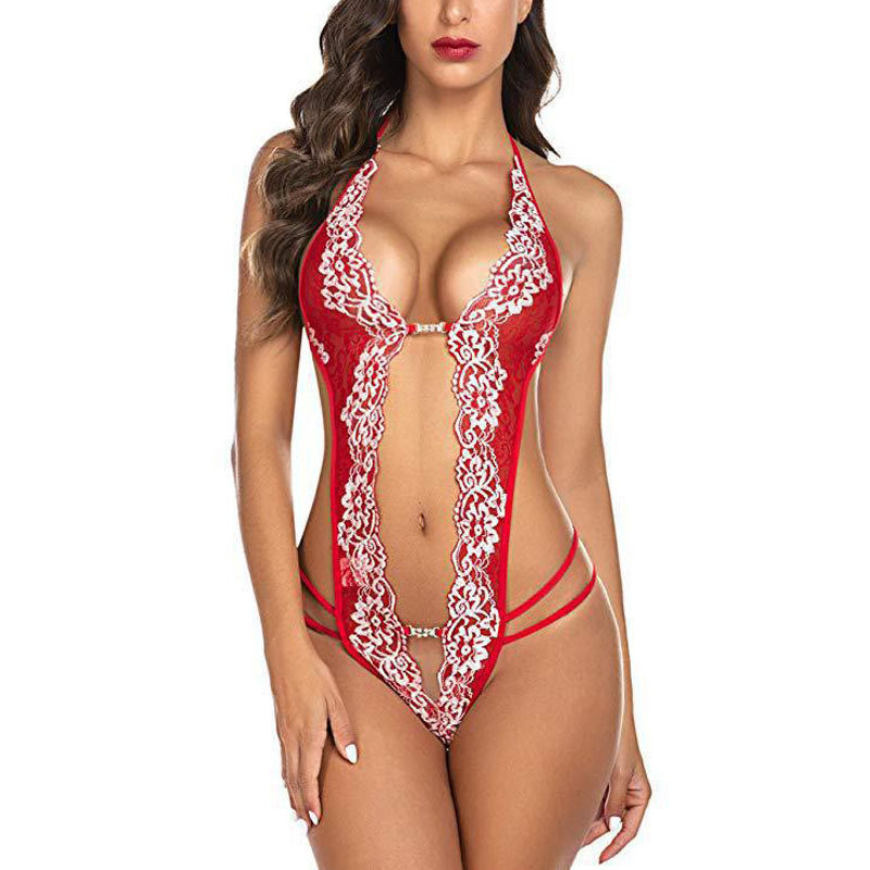 Foreign Trade Two-Color Lace Contrasting Temptation One-Piece Intimates Sexy Women's Backless Halter with Diamonds Deep V Sexy Intimates