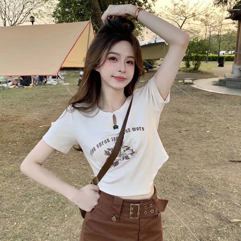 Irregular Design Sense V-neck Short-sleeved T-shirt Women's 2024 Summer New Hot Girl Style Slim-fit Short Shoulder Fashion