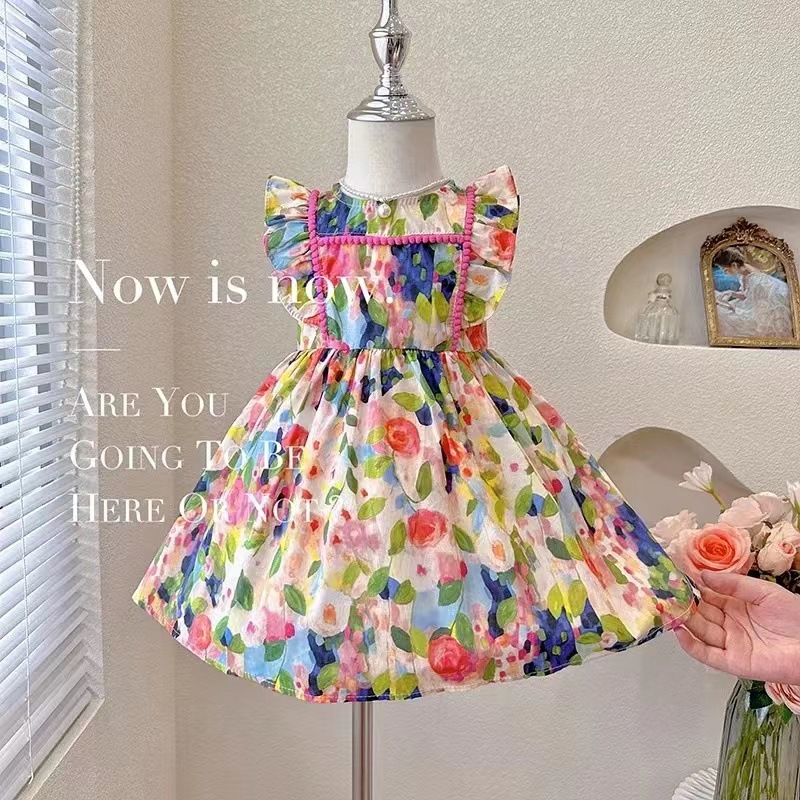 Girls Summer Sleeveless Dress 2023 New Girls Sweet Floral Small Flying Sleeve Dress Girls Floral Skirt