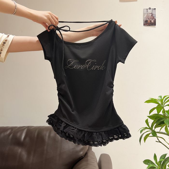 Picture of Korean Style 2025 New Summer Style Slanted Collar Off-Shoulder Lace Hem Short-Sleeved T-Shirt Women's Slimming Look Slim Top