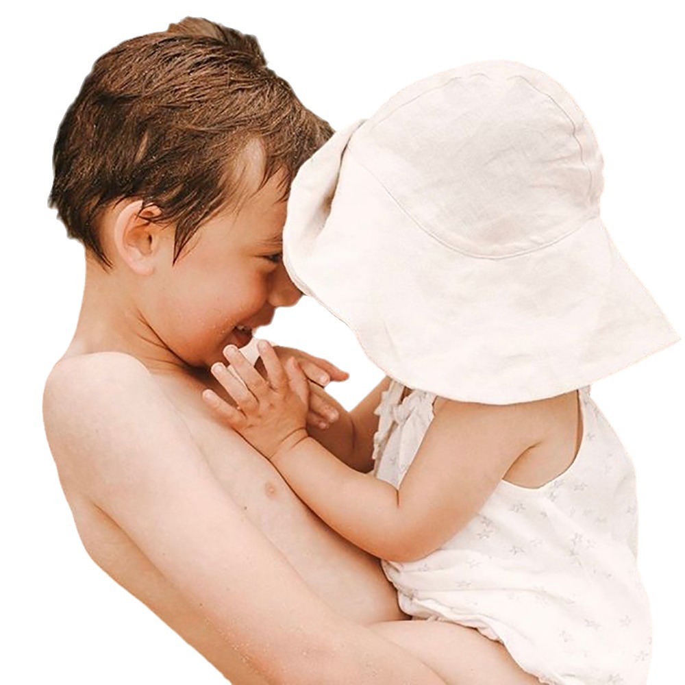 Picture of European and American Summer New Small Kidsren's Sun Hat Infant and Toddler Outdoor Large Brim Basin Hat Cotton and Linen Breathable Sun Protection Hat