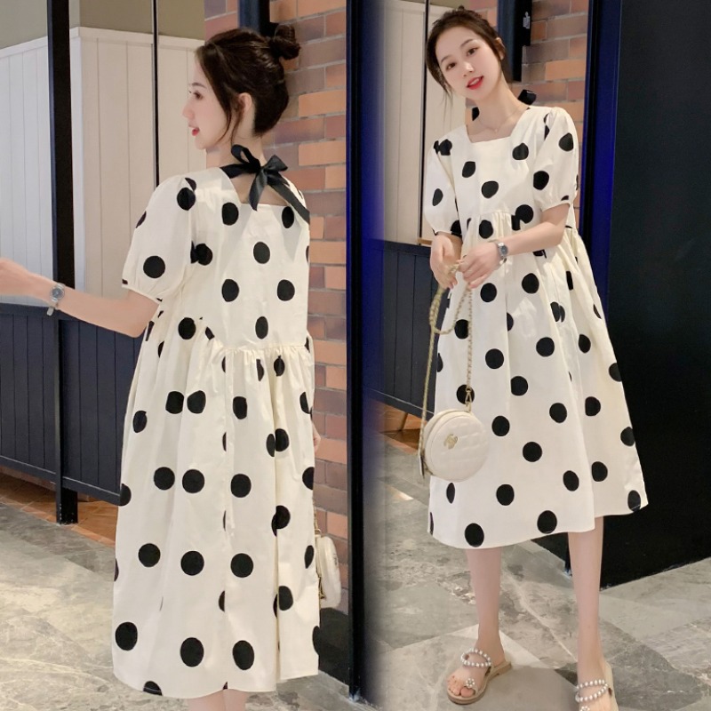 Picture of Maternity Summer Loose plus size Fashion Polka Dot Western Style Square Collar High Waist Long Dress Trendy Mom Polka Dot Pregnant Women's Dress Summer