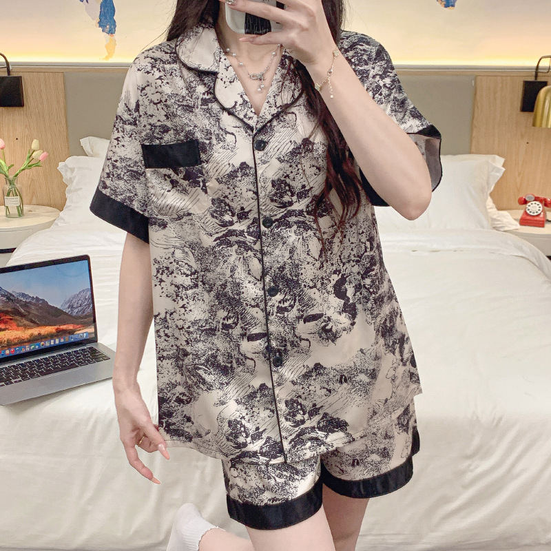Picture of Cross-border summer high-grade ice silk short-sleeved women's pajamas national style ink painting leisure home clothes two-piece wholesale